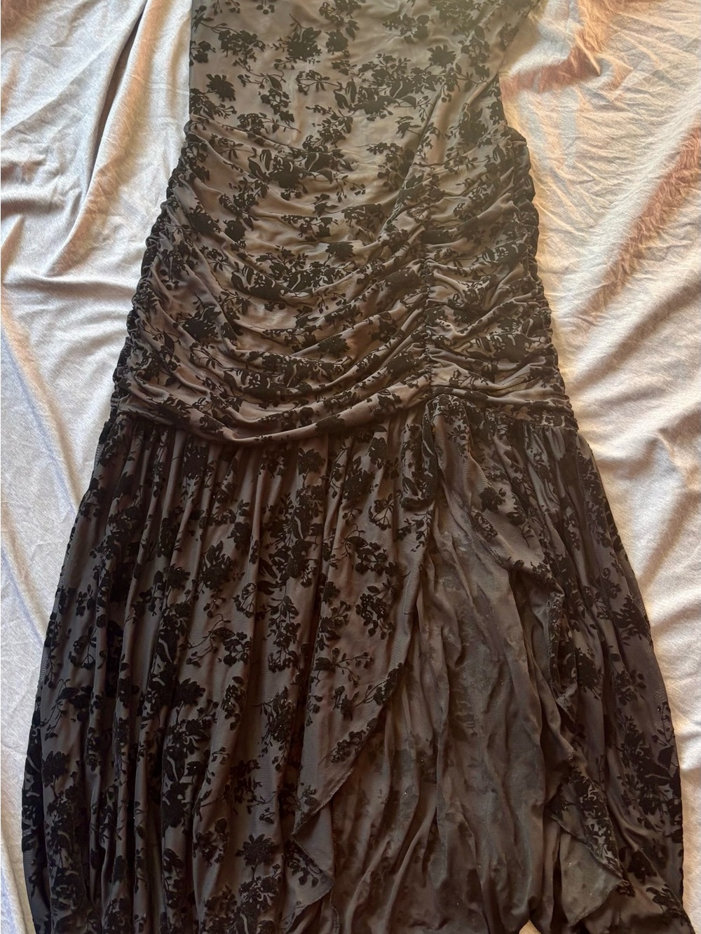SHEIN Black Floral Velvet Burnout Ruched Maxi Dress